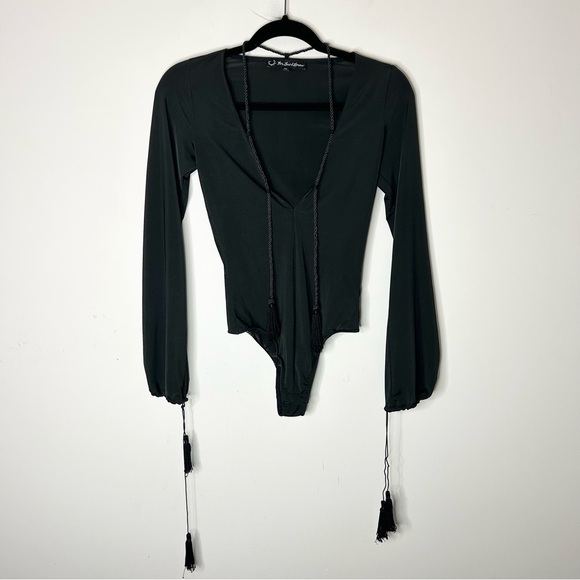 For Love and Lemons Kate Bodysuit Black Tassels Bell Sleeves Plunging V-neck S - Picture 6 of 16